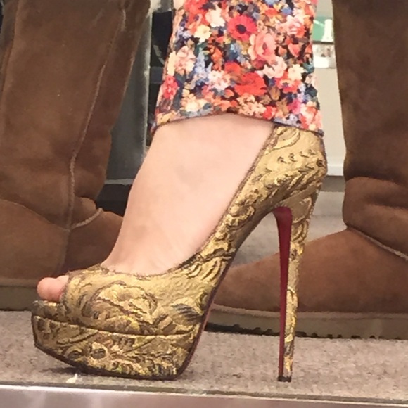 Christian Louboutin Shoes - Christian Louboutin Gold Brocade Fabric Lady Peep-Toe